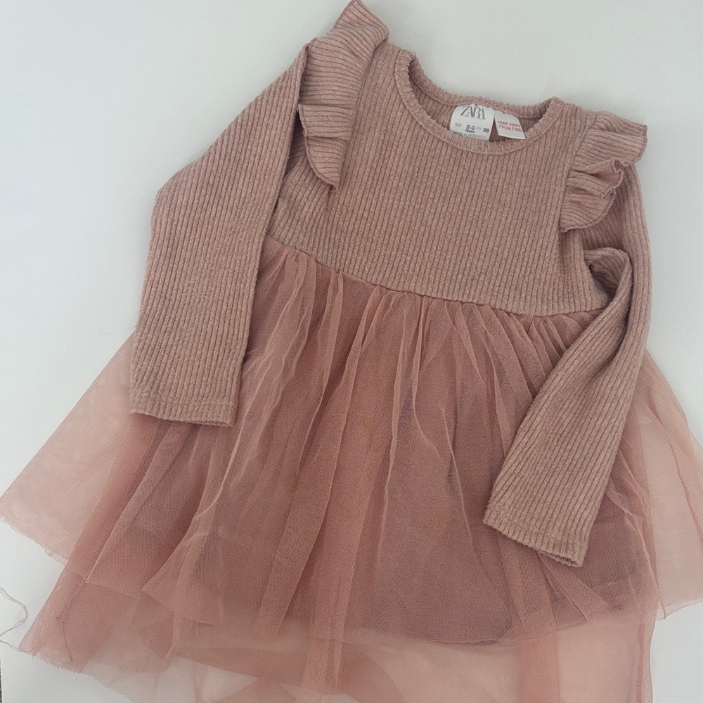 Zara Kids Size 2-3 years Dress Dusty Pink Knit Body Tulle Skirt Long Sleeves